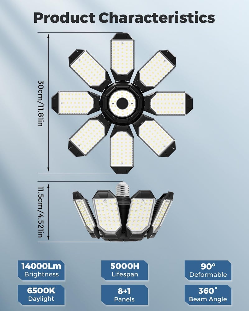Adiding LED Garage Ceiling Lights 14000Lm w/ 8 Adjustable Panels, Super Bright Deformable Basement Light Bulb Fixture Screw in E26 Bulbs Socket for Indoor Shop, Workshop, Attic, Barn, Bay, Home Gym - Image 2